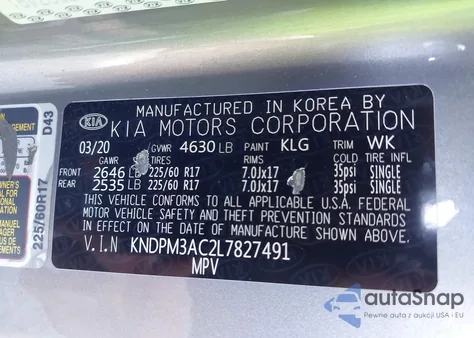 2020 Kia Sportage Lx z USA, uszkodzony, nr VIN KNDPM3AC2L7827491